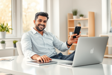شاب عربي يجلس في مكتب منزلي حديث ويستخدم هاتف ولابتوب للحصول على قروض بدون تحقق ائتماني بسهولة وسرعة