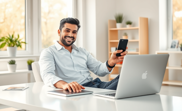 شاب عربي يجلس في مكتب منزلي حديث ويستخدم هاتف ولابتوب للحصول على قروض بدون تحقق ائتماني بسهولة وسرعة