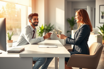 شاب يستلم قرض بدون ضمان مع صرف فوري من مستشار مالي داخل مكتب حديث ومتألق