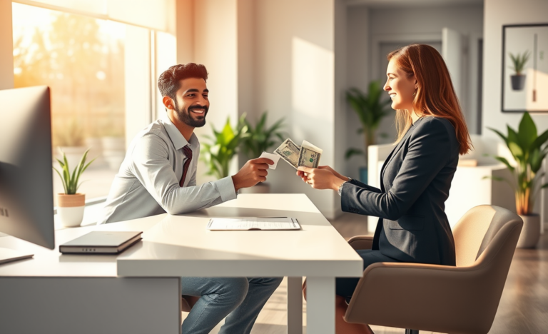 شاب يستلم قرض بدون ضمان مع صرف فوري من مستشار مالي داخل مكتب حديث ومتألق