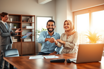 شابان عربيان في مكتب حديث يتلقى مساعدة مالية لبداية جديدة مع مستشار مالي ودعم سريع وبيئة مهنية مشرقة