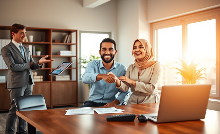 شابان عربيان في مكتب حديث يتلقى مساعدة مالية لبداية جديدة مع مستشار مالي ودعم سريع وبيئة مهنية مشرقة